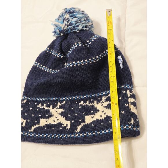 Vtg 70's CB Sports Reindeer Knit Wool Winter Gear Hat Ski Beanie Blue Pom Pom L - Picture 5 of 8